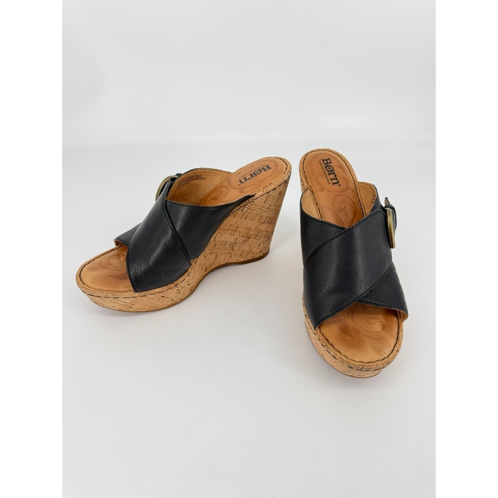 Børn Cork Wedge Leather Slip On Sandals Womens Size 7M Black Gold Buckle Accent - Picture 2 of 14